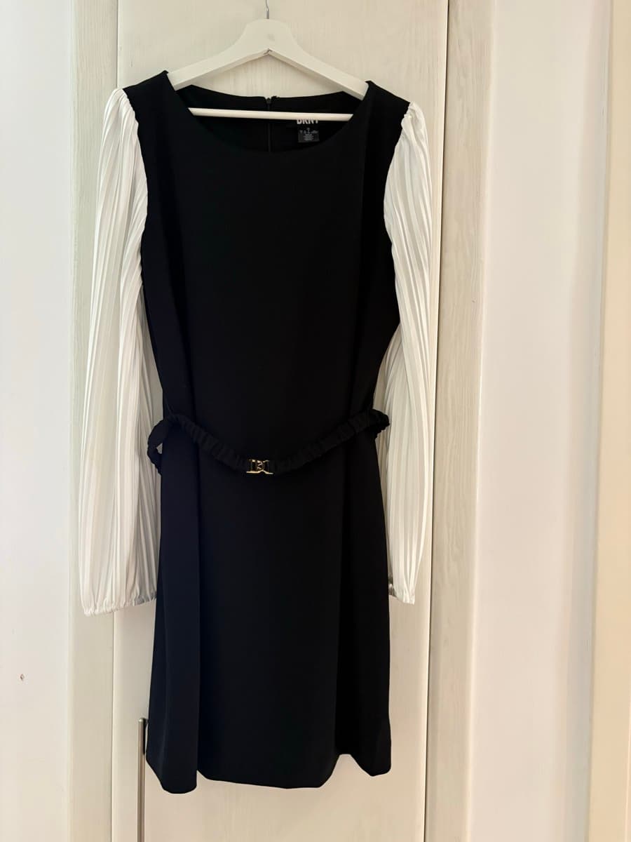 DKNY dress black with white sleeves and gold logo belt - image 1