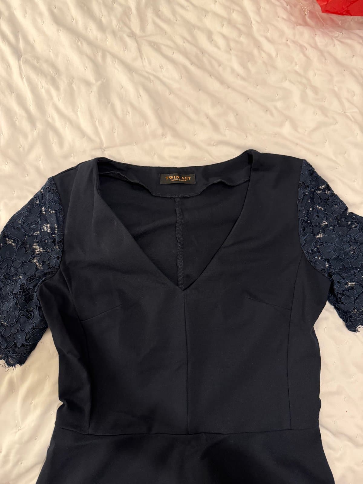 Twin-Set Simona Barbieri Navy Lace Sleeve Midi Dress – Size M - image 1