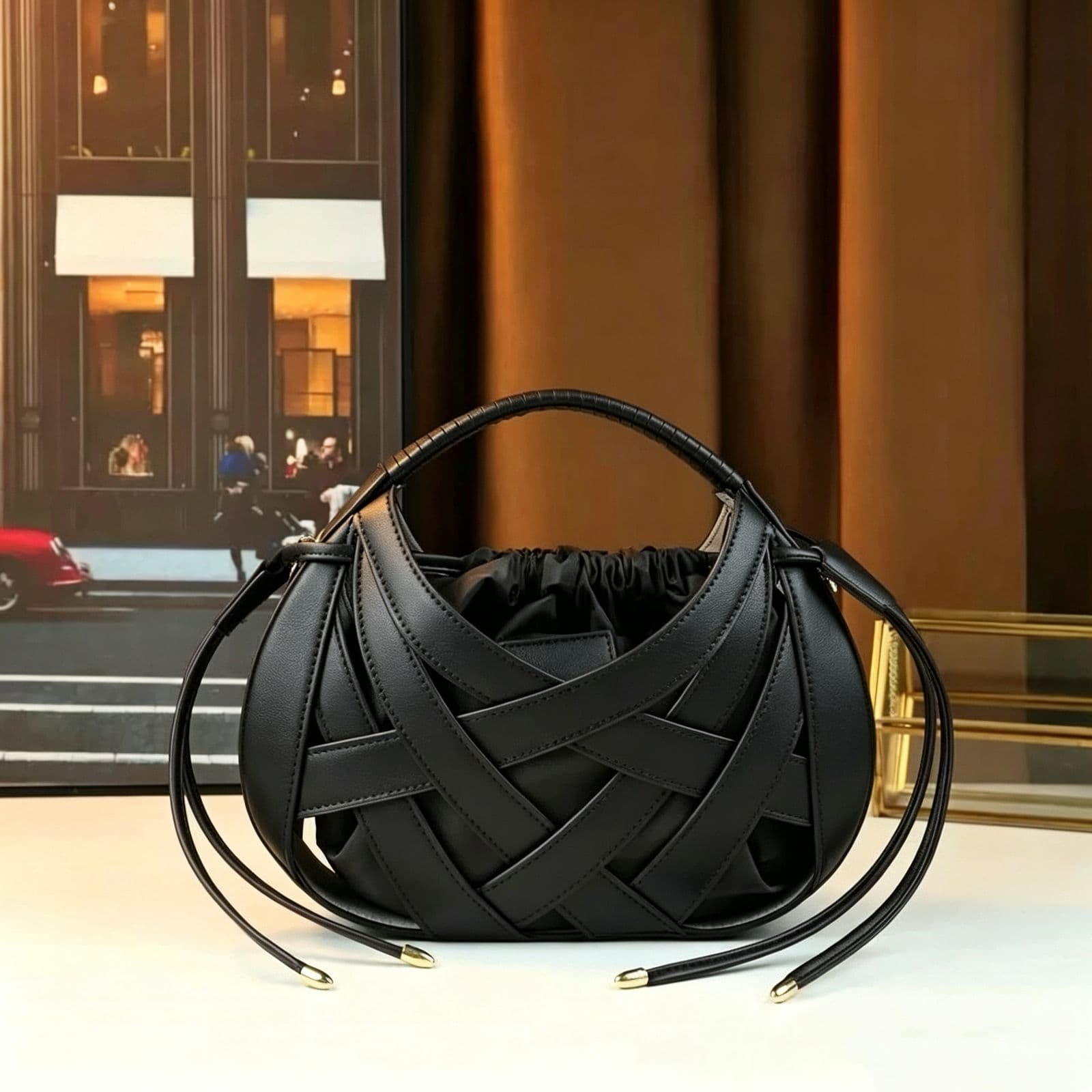 Black Woven Leather Crossbody Handbag with Top Handle