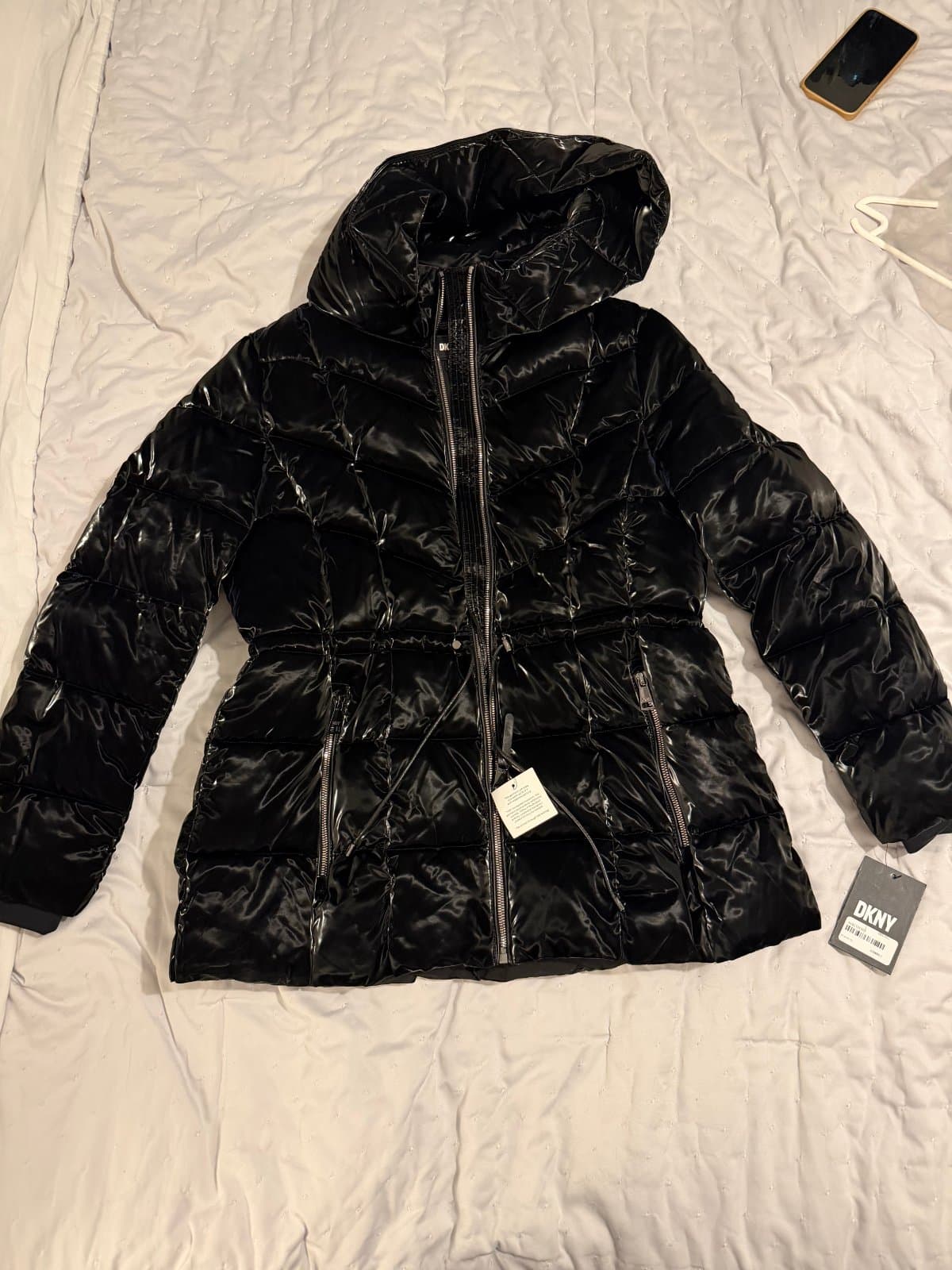 DKNY Black High-Shine Hooded Puffer Coat – Water Resistant – XL - image 1