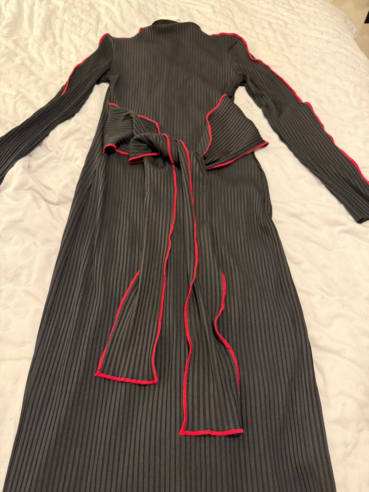 ZARA Black Pleated Maxi Dress with Red Contrast Trim – Size L – Brand New with Tags - image 1