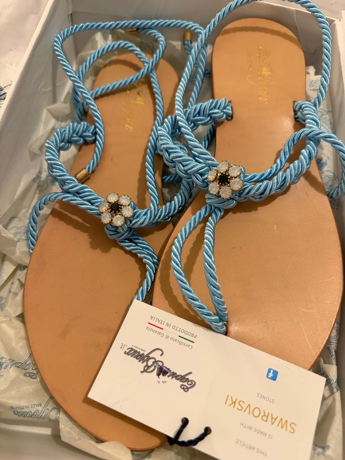 Capri Bijoux Swarovski Crystal Blue Rope Sandals – Made in Italy – Size 39 - image 1
