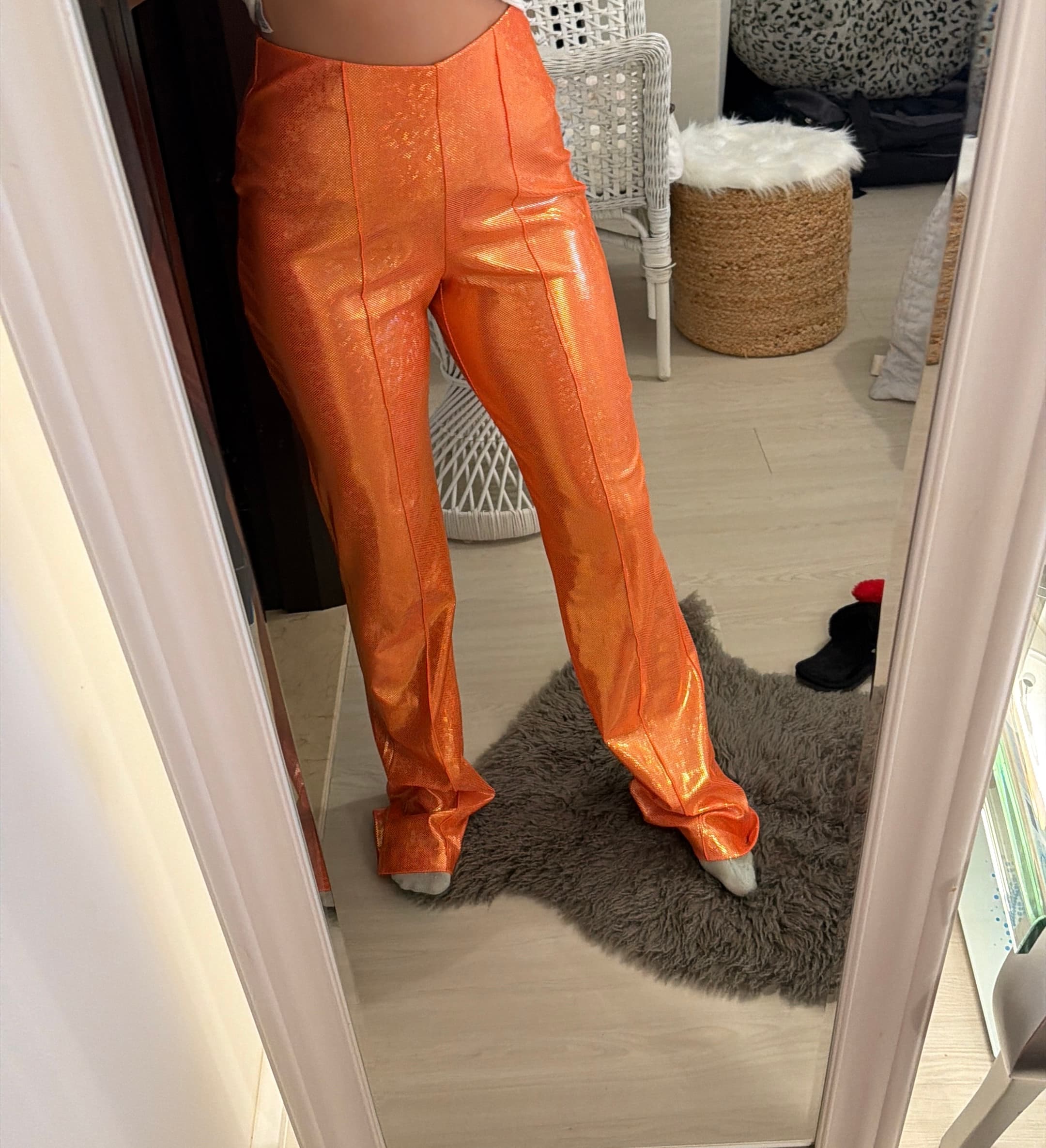 Unique Saks Potts Orange Holographic Metallic Flared Trousers - image 1