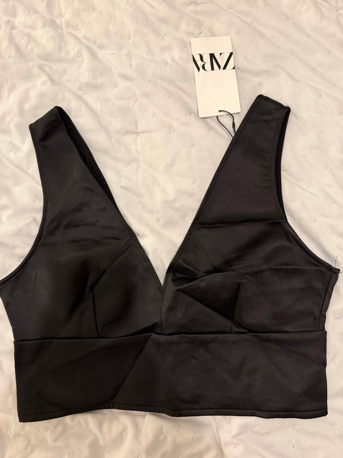 Zara Black Satin Plunge Crop Top – Size L – New With Tags - image 1